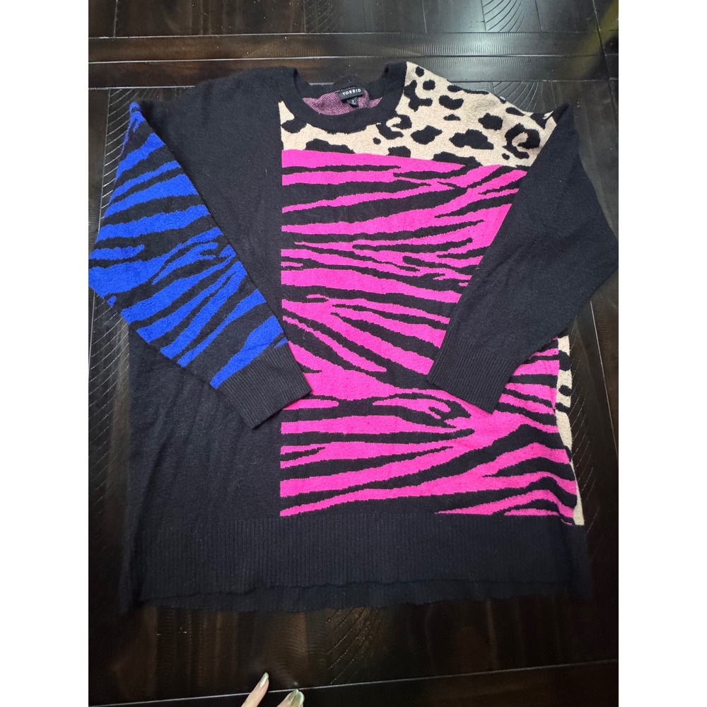 Torrid Mixed Animal Print Colorblock Sweater Pink Blue Leopard Zebra Size 1 XL